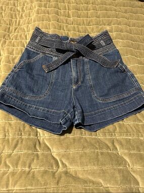Pilcro and the Letterpress Dark Blue High-Waist Tie-Belt Denim Shorts